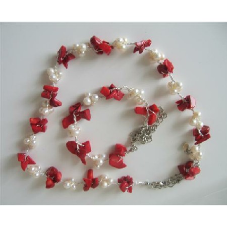  Coral Nugget Chip Beads Freshwater Pearls Necklace & Bracelet