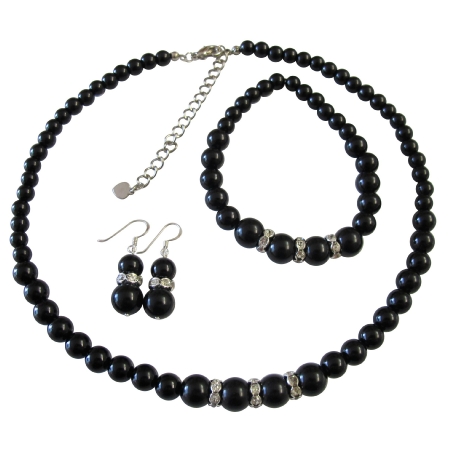 Black Pearls Jewelry Set Immitation Pearls Necklace Set Sterling Silver 92.5 Earrings w/ Stretchable Bracelet