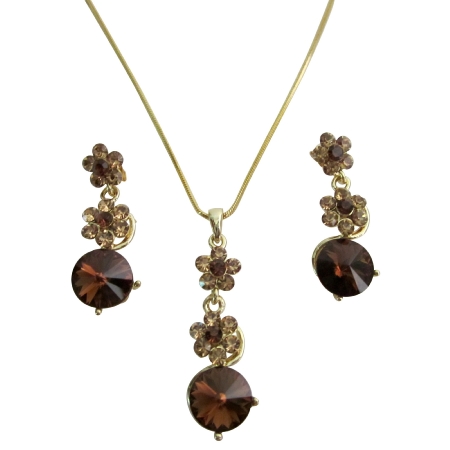 Gold Chain Necklace Light Dark Smoked Topaz Crystals Wedding Jewelry