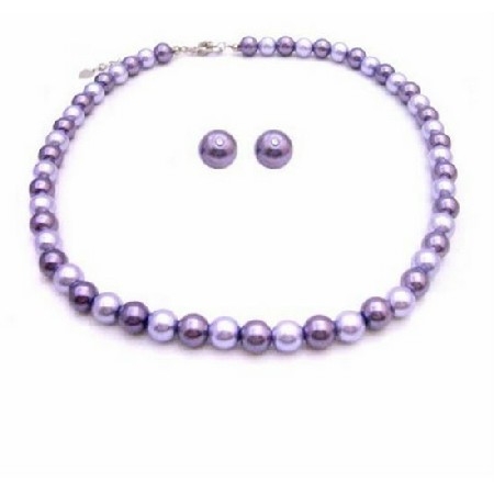 Prom Jewelry Stud Earrings Lilac & Purple Pearls Necklace Set