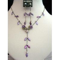 Enamel Purple Flower & Crystals Y Shaped Necklace Earrings Set