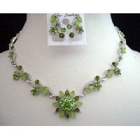 Vintage Green Enamel Necklace & Earrings Set w/ Crystals In Green