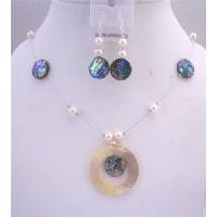Abalone Shell Jewelry Set Shell Round Pendant w/ Freshwater Pearls Necklace Set 