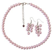 Pink Pearls Jewelry Set Simulated Pink Pearls w/ Dangling Pearls Earrings Necklace Set