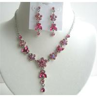 Rose Pink & Fuschia Crystals Flower Necklace Set w/ Dangling Flower 