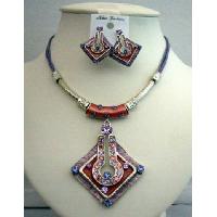 Ethnic Traditional Amethyst Necklace Set Feminie Jewelry Tirbal Necklace w/ Earrings