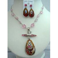 Funky Style Necklace Set w/ Rhodium Pendant Self Painted & Designed Necklace & Earrings