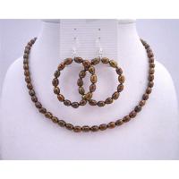 Brown Jewelry Set Metallic Brown Rice Freshwater Pearls w/ Round Hoop Earringst Necklace Sets