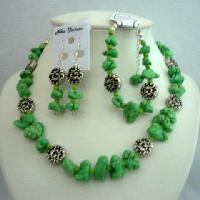 Semi Precious Stone Beads Dyed Lime Green Turquoise Beads & Bali Silver Beautiful Necklace Earrigns & BraceletSet