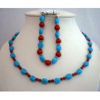 Handmade Flat Autumn Oval Turquoise & Coral Round Faceted Beads Necklace & Bracelet Custom Jewelry Necklace Set w/ Bali Silver