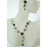 Gorgeous Green Enamel Crystals Flower Necklace Set Y Shaped 