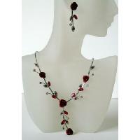 Vintage Red Enamel Crystals Flower Necklace Set Y Shaped 