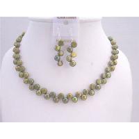 Handmade Dyed Freshwater Coin Pearls Metallic Olivine Necklace & Sterling Silver Earrings