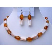 Mother Pearls Shell Jewelry w/ Carnelian Beads Daisy Spacing Necklace & Sterling Silver Earrings