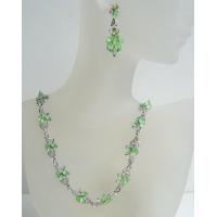 Green Peridot Enamel Crystals Necklace Earring Set Adorned w/ Peridot Crystals In Silver Casting