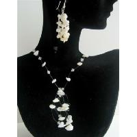 Opal Stone Chip & Clear Crystals Necklace Set w/ Tassel Drop Handmade w/ Sterling Earrings  