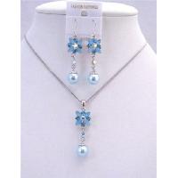 Aquamarine Blue Enamel Flower And Rhinestones w/ Cute Flower Pearls Dangling Necklace Set Beautiful Jewelry  