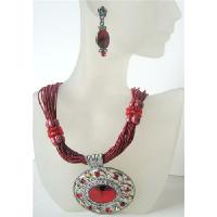 Passion Red Multi Strands Necklace w/ Striking Pendant Crystals & Rhinestones 