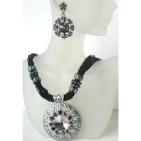 Black Multi Strands Necklace w/ Striking Pendant Crystals & Rhinestones 