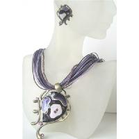 Purple Multi Strands Necklace w/ Ethnic Enameled Pendant w/ Amethyst Crystals 
