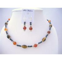Ethnic Traditional Jewelry Set Genuine Tiger Eye Carnelian & Cultured Beads Necklace Set w/ Bali Silver Spacing Sterling Silver Earrings 