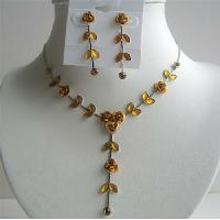 Gold Shades Jewelry Sets Enamel Flower Necklace Set Y Shaped Dressed w/ Sparkling Crystals 