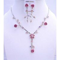 Pink Flower Enamel Y Shaped Jewelry Set w/ Sparkling Fuschia Crystals