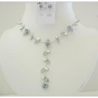 Grey Enamel Flower & Crystals Jewelry Set Drop Down Y Shaped Necklace Set