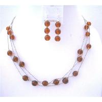 Brown Faceted 3 Strands Necklace Set w/ Genuine Sterling Silver Earrings & Beads Jewelry Set