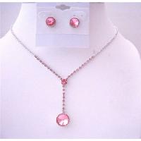 Fuschia Pink Crystals Drop Down Necklace w/ Fuschia Crystals Stud Earrings Jewelry Set 