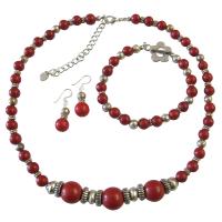 Ethnic Traditional Coral Bali Silver Coral Round Beads Necklace Earrings and Bracelet Complete Coral Jewelry Set 