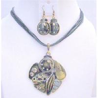 Black Grey Vintage Jewelry Multi Stranded Necklace With Painted Ethnic Pendant Earrings Affordable Cheap Jewlery w/ Excellent Quality