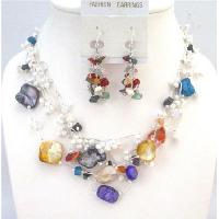 Dyed Shells Woven In Silk Thread With Glass Beads Onyx Turquoise Coral Moonstone Rose Quartz Beautiful Necklace Set  