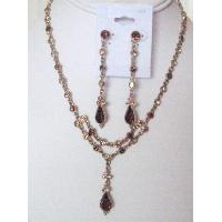Victorian Necklace Set Vinatge Antique Gold Jewelry Set W/ Smoked topaz Crystals Embedded On Each Designed Flowers