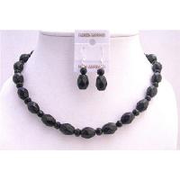 Handcrafted Artisticall Custom Black Faceted Round Beads With Oval Faceted Beads Necklace Set w/ Onyx Spacing & Genuine Sterling Silver Earrings