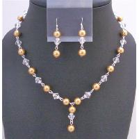 Golden Pearls Jewelry With Clear Crystals Necklace Set Chines Clear Crystals Drop Down High Quality Silver Plated Chain Set