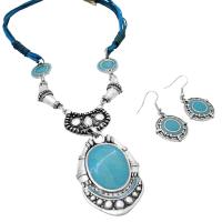 Turquiose Ethnic Jewelry Set With Silver Metal Black Silver Multistring Necklace
