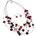 Multi Strand Necklace with Red Fancy Silver Beads Necklace Earrings BridesmaidJewelry