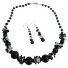 Glass Beads Black And White Cracked Beads with Black Pearls Necklace Set