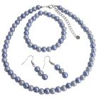 Handmade Lilac Pearls Necklace Earrings Stretchable Bracelet Set
