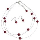 Red Floating Pearls Necklace and Earrings Set Three Stranded Necklace