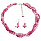 Fuchsia Magenta Hot Pink Twisted Statement Three Strand Necklace Earring Set