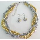 Yellow Gray Pearls Twisted Necklace Earrings Wedding Bridesmaid Necklace Bridal Gift
