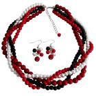 Braided Twisted Chunky Wedding Jewelry Set Red White Black Coral Pearls Four Strands Necklace