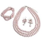 Best Bridal Jewelry Pink Pearls Three Strands Necklace Bracelet Grape Earrings Bridal Jewelry Set