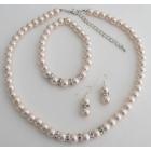Blush Pink Pearl Rhinestones Necklace Earrings Bracelet Wedding Set