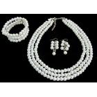 Wedding Bridal Jewelry Set Gift 3 Strand White Pearl Necklace Earrings Bracelet Jewelry