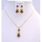 Gold Chain Necklace Set Light Dark Smoked Topaz Crystals Flower Wedding Jewelry Set