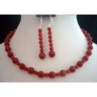 Handcrafted Faceted Red Coral Bead Necklace & Earrings Set