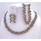 Rice Freshwater Pearl Head Drilled Metallic Brown Necklace Earrings & Stretchable Bracelet